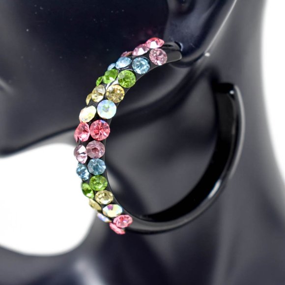 2" Diagonal Multicolor Rhinestones Black Hoops (B) - Picture 11 of 13